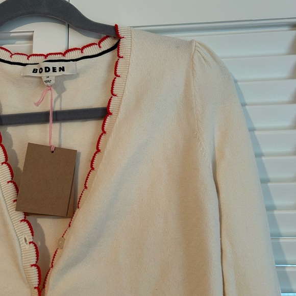NWT BODEN Pru Scallop Trim Cardigan Cream Red Size XS V-Neck Cotton Blend - Picture 3 of 7